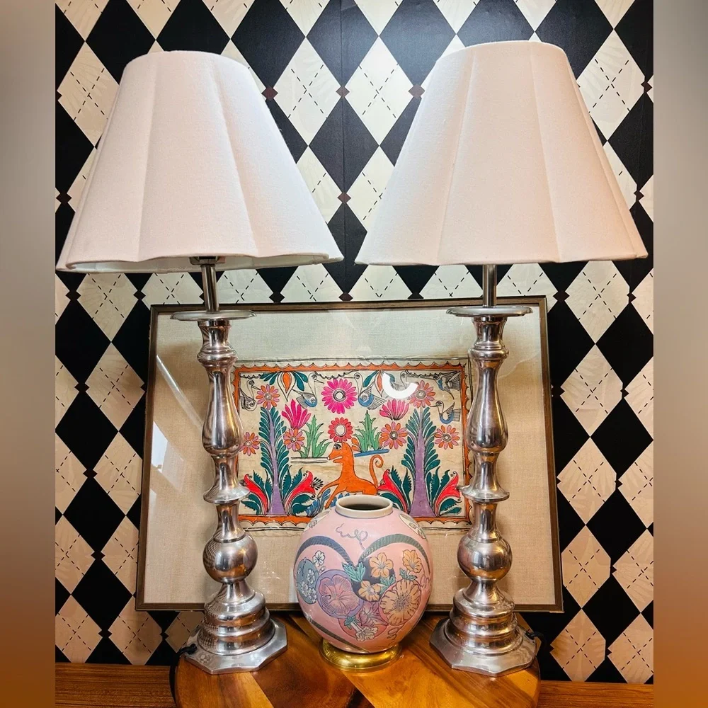 Luxury Tall Silver Table Lamp Pair – Sculptural Bases‎ with Scalloped Shades
